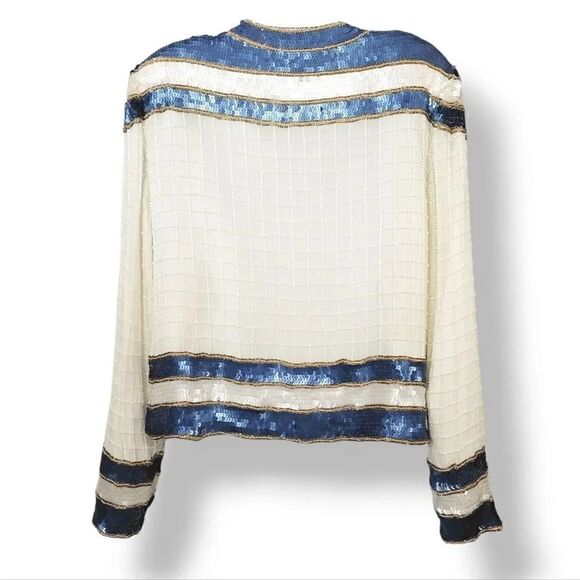 Vintage Carolyn Barton 100% Silk Beaded Evening Jacket in Ivory/Sea Blue Size M - Picture 3 of 16